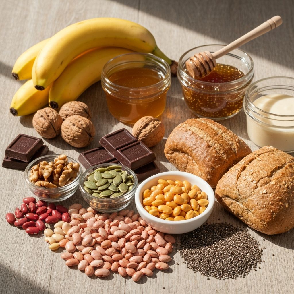Energy-supporting foods including nuts, seeds, and whole grains
